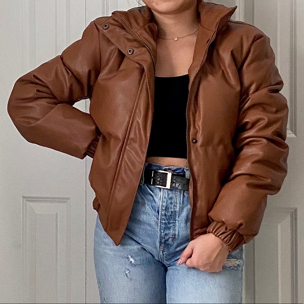FOREVER 21 Faux Leather Camel Puffer Jacket
